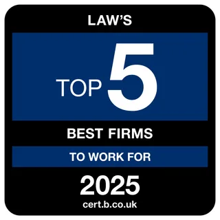 Top 5 Best Law Firms to work for 2025, black/blue/white badge