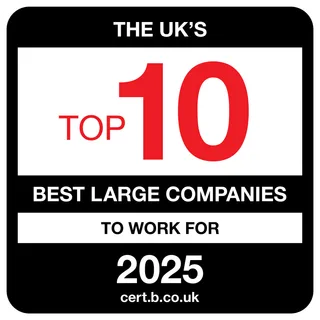 Top 10 Best Large Companies to work for 2025, black bg with red 10
