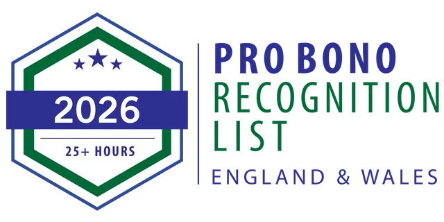 Pro Bono Recognition List 2026 England & Wales, 25+ Hours hexagonal badge