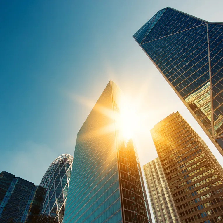 Modern office buildings, cityscape, sunlight