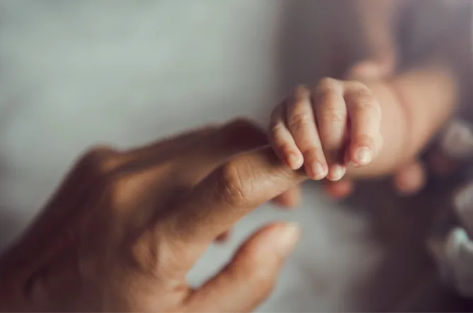 Newborn baby holding mother's hand