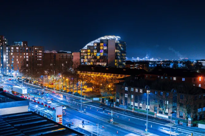Manchester skyline at night